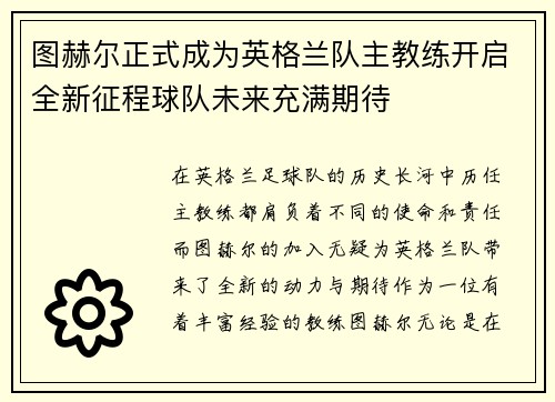 图赫尔正式成为英格兰队主教练开启全新征程球队未来充满期待